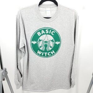 Starbucks-Themed "Basic Witch" Funny Long Sleeve Tee M Graphic Halloween Coffee